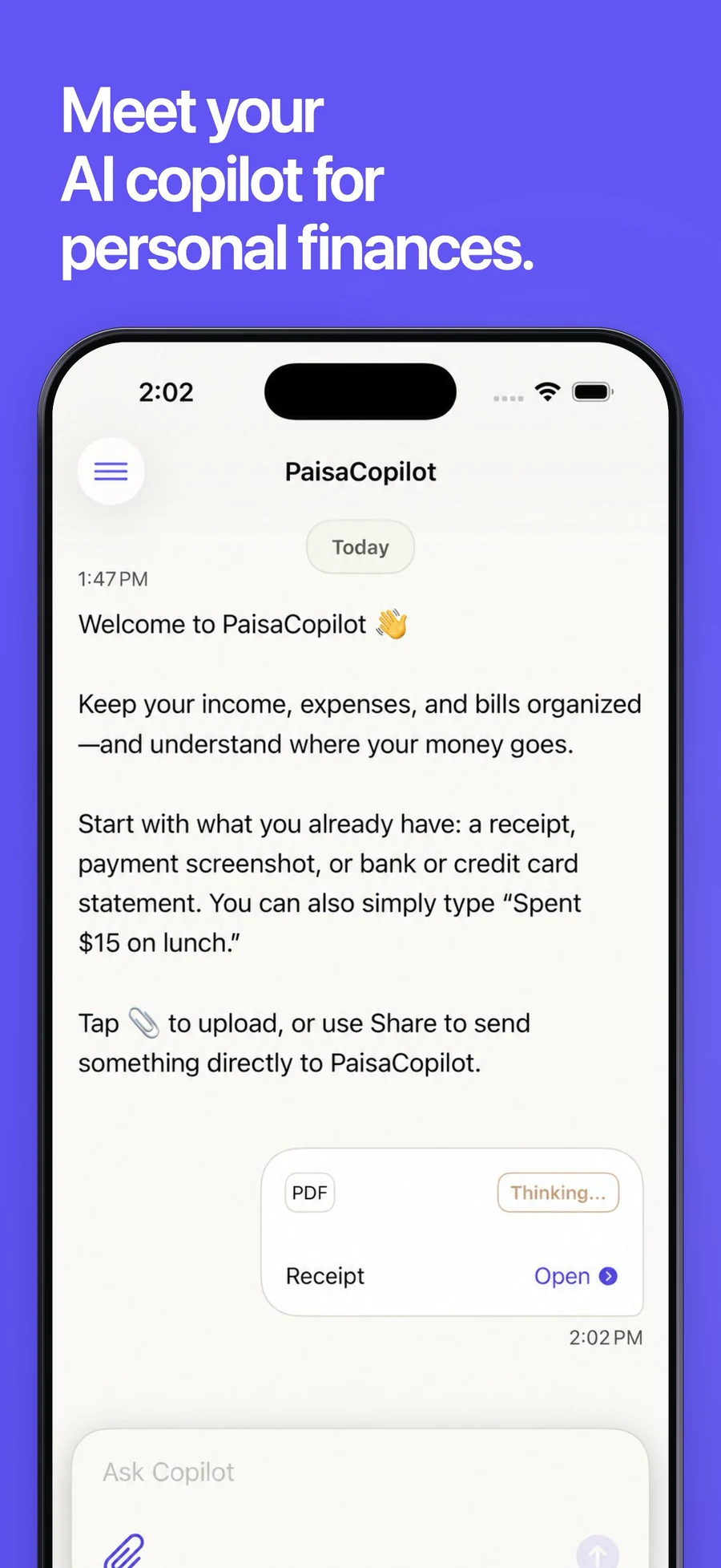 Meet your AI copilot for personal finances. The PaisaCopilot chat welcomes you and accepts a receipt.
