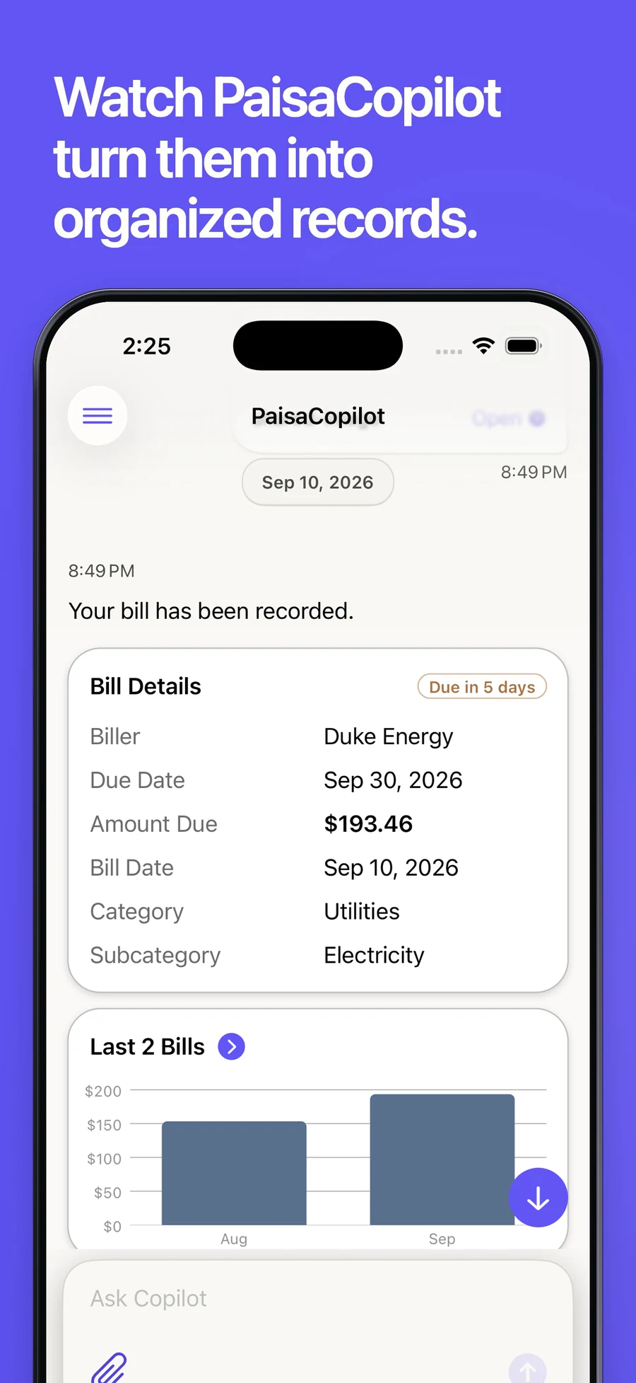 Watch PaisaCopilot turn them into organized records. A recorded bill shows its amount, due date and category.