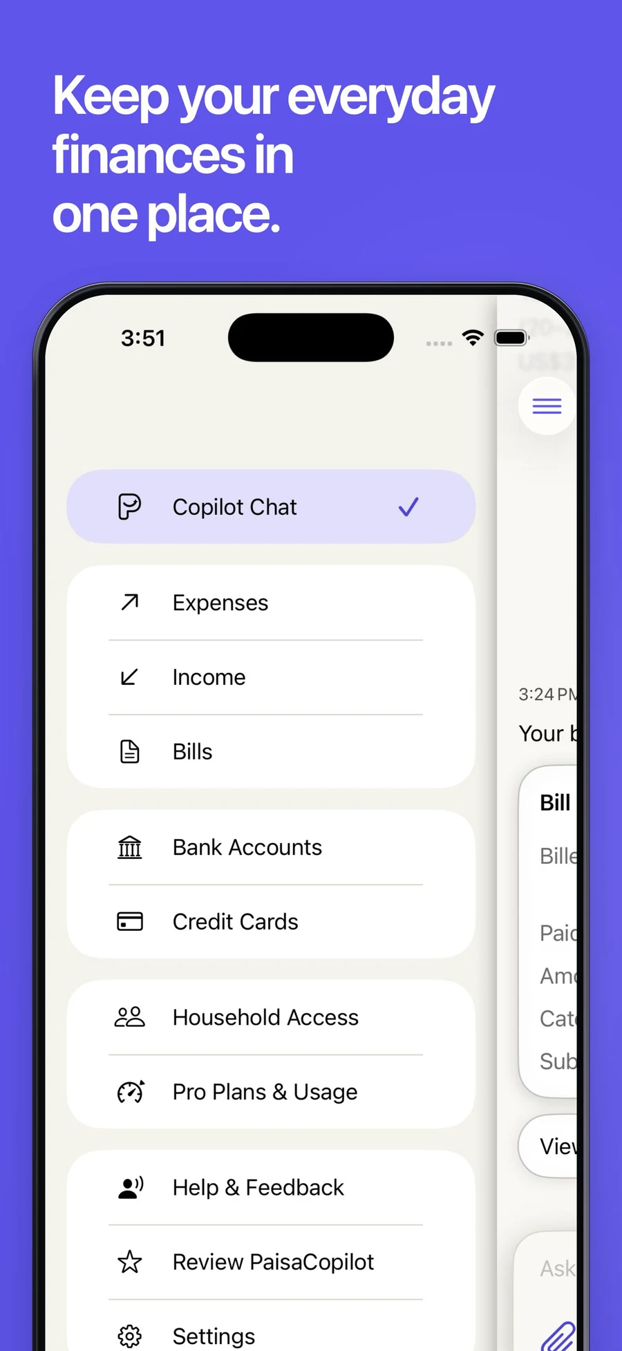 Keep your everyday finances in one place. Open expenses, income, bills, bank accounts, credit cards and household access from the menu.