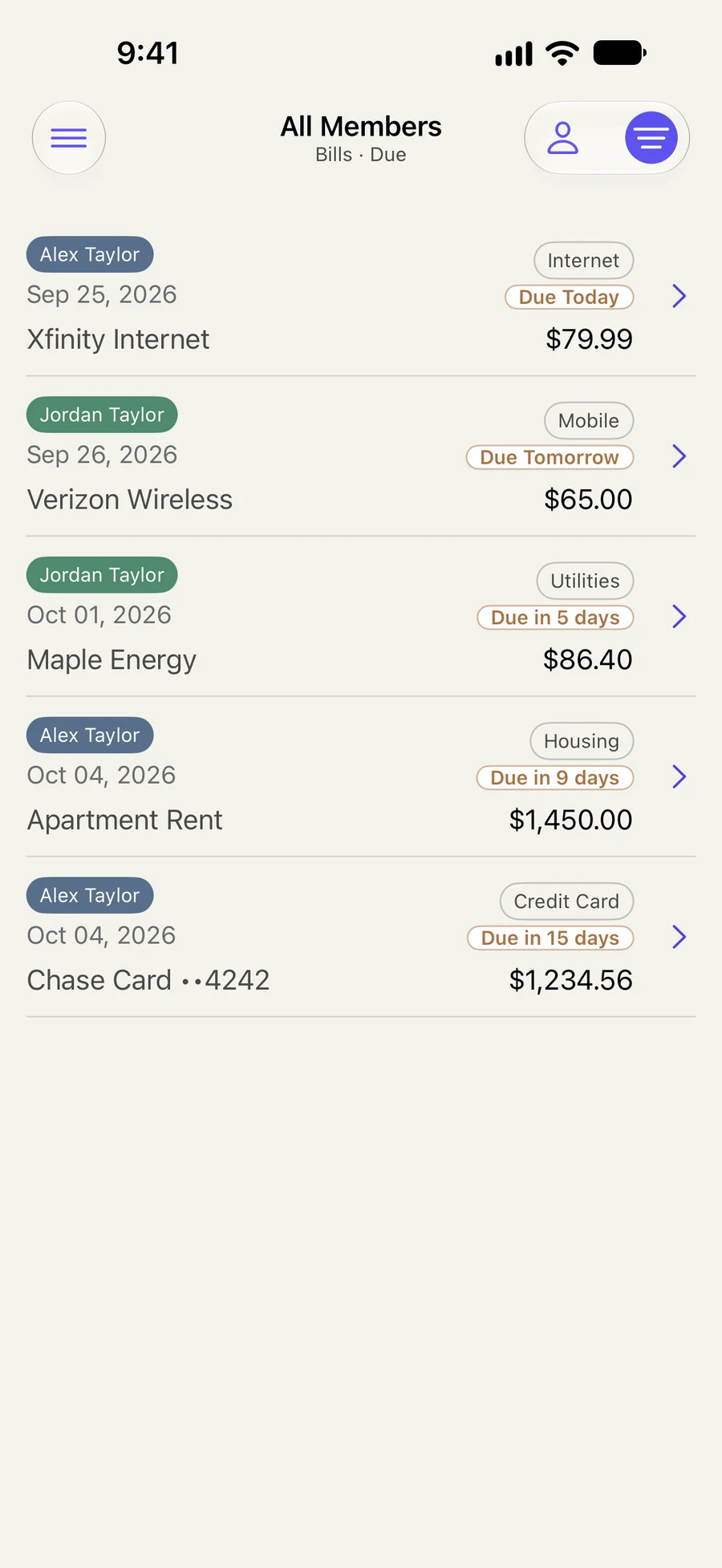 Household bills are listed by due date with member labels and due-status badges
