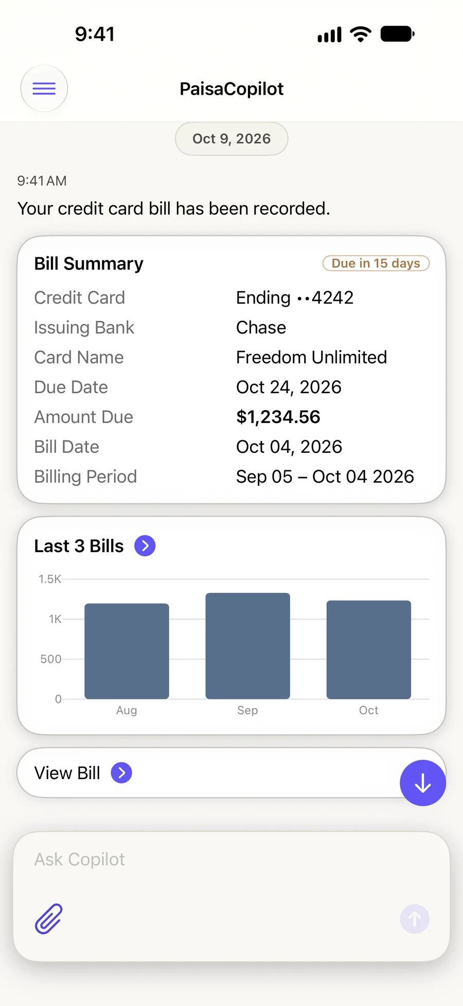 PaisaCopilot records a credit-card bill with the amount, due date and a chart of the last three bills