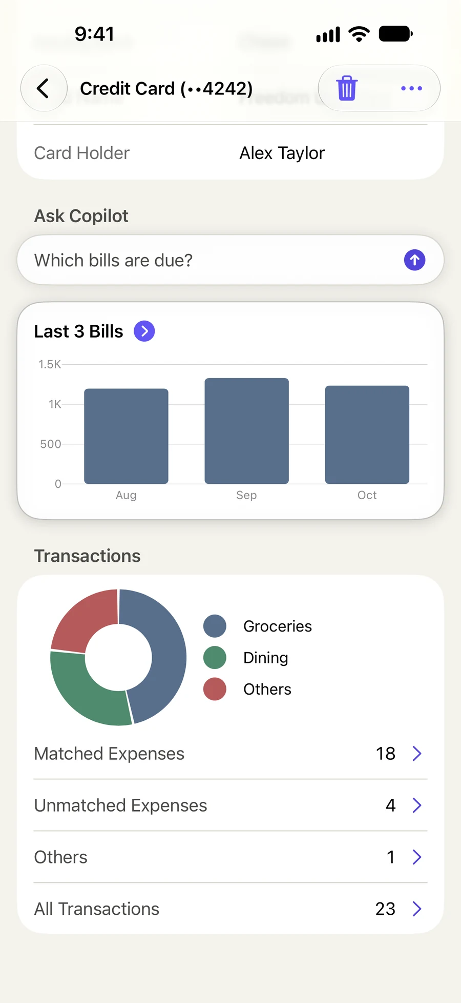 A credit-card statement shows spending categories and matched, unmatched and other transactions