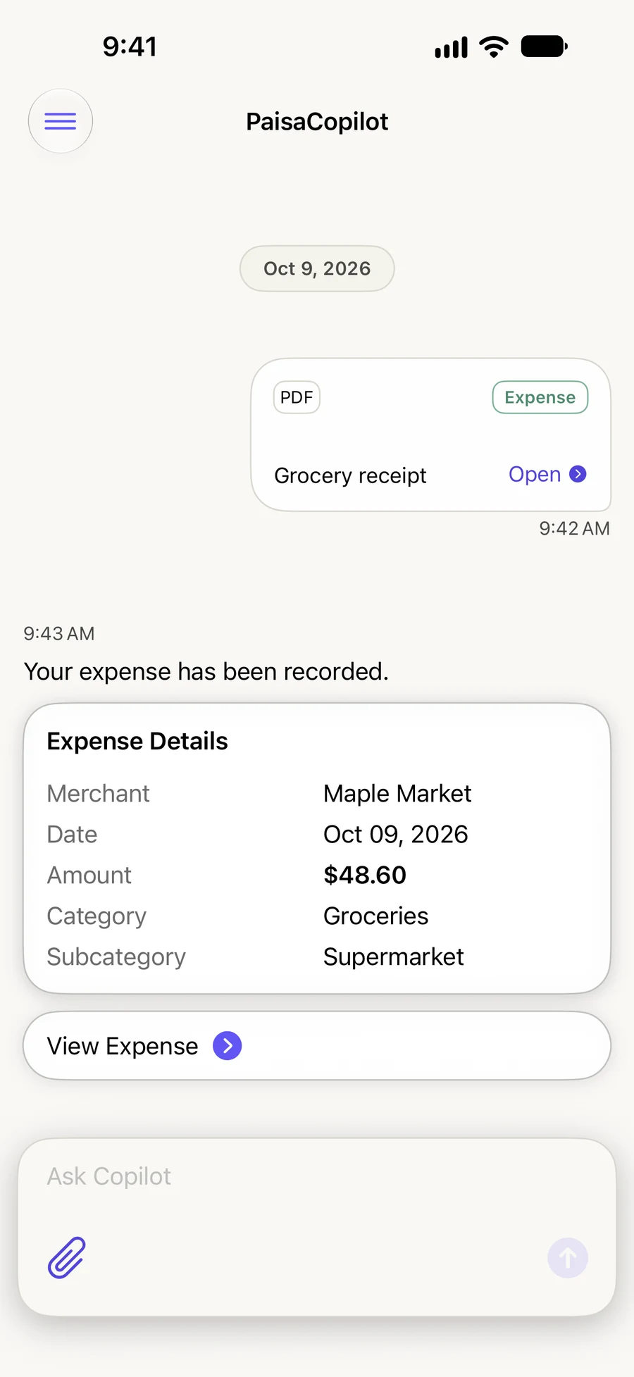 A shared grocery receipt becomes an expense record with merchant, date, amount and category