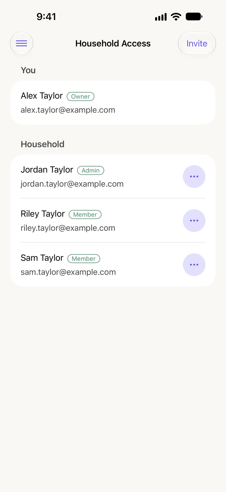 Household Access lists an owner, admin and two members, with an Invite action