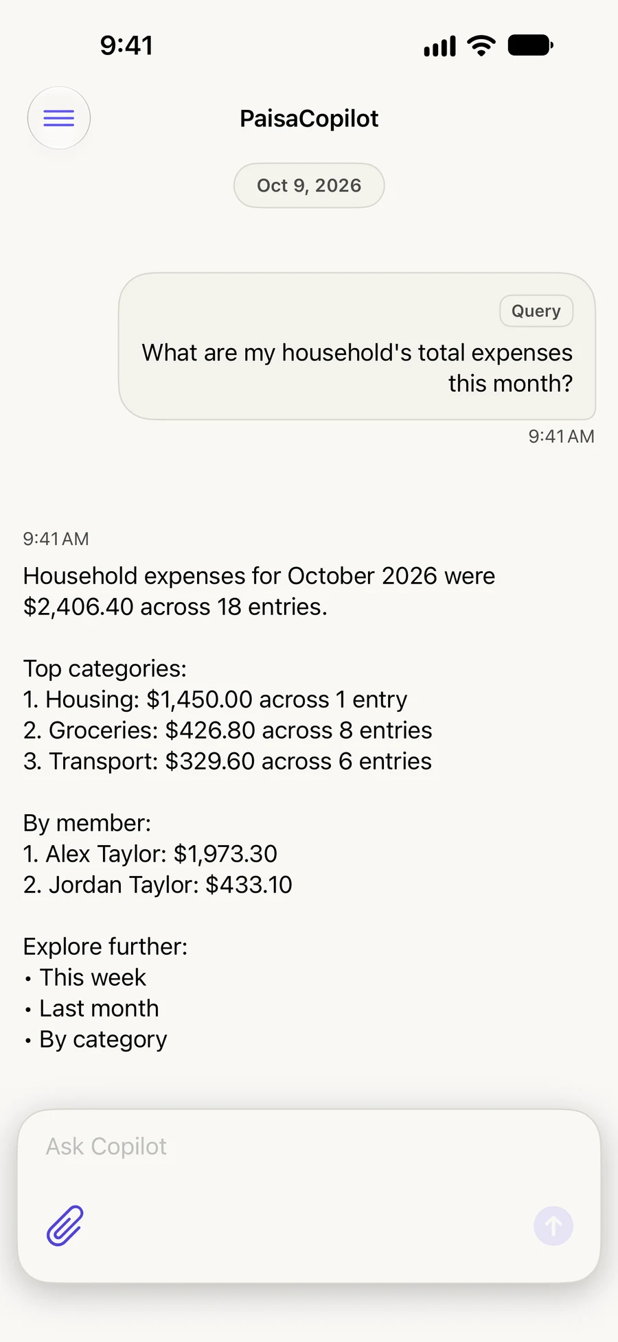 A Copilot answer shows household expenses, top categories and a member breakdown
