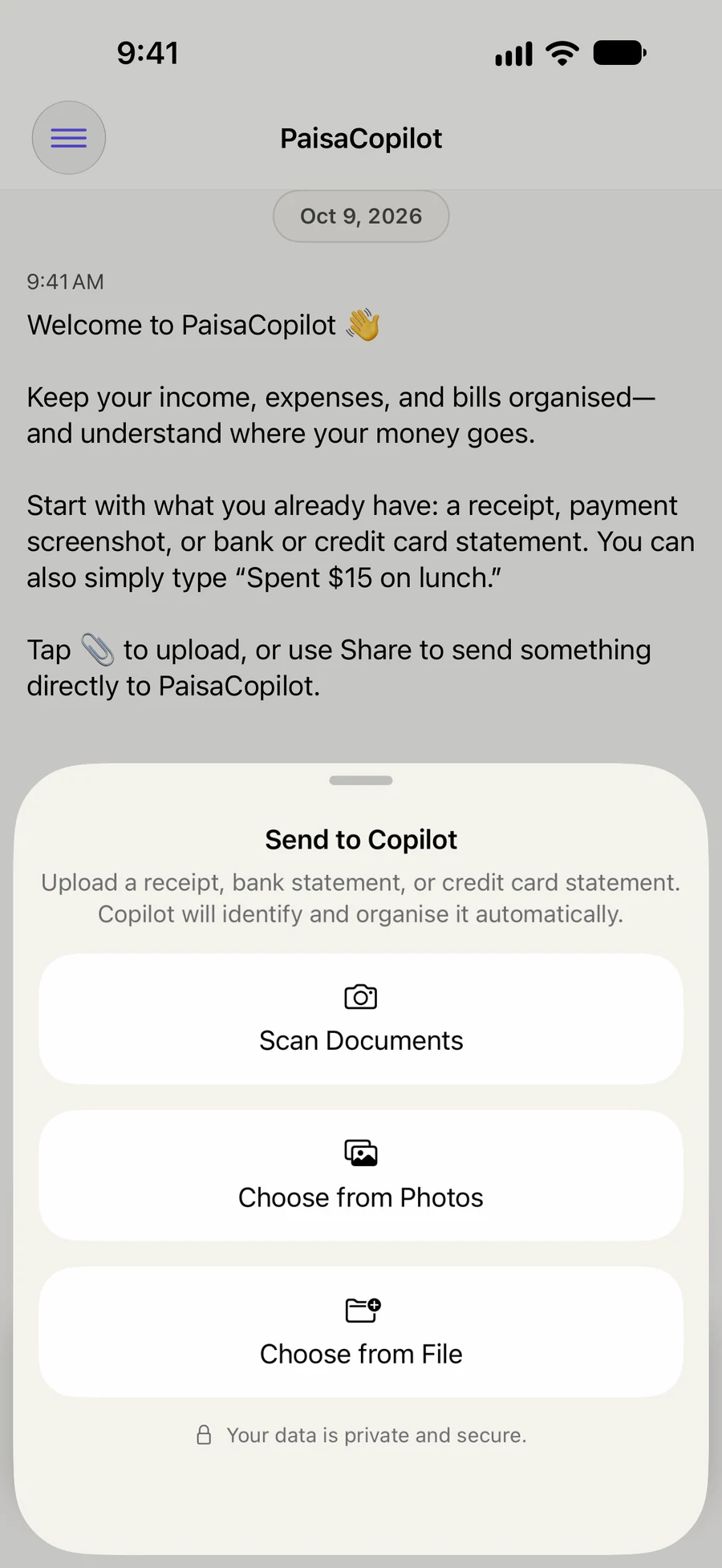 Send to Copilot lets you scan documents, choose photos or upload files