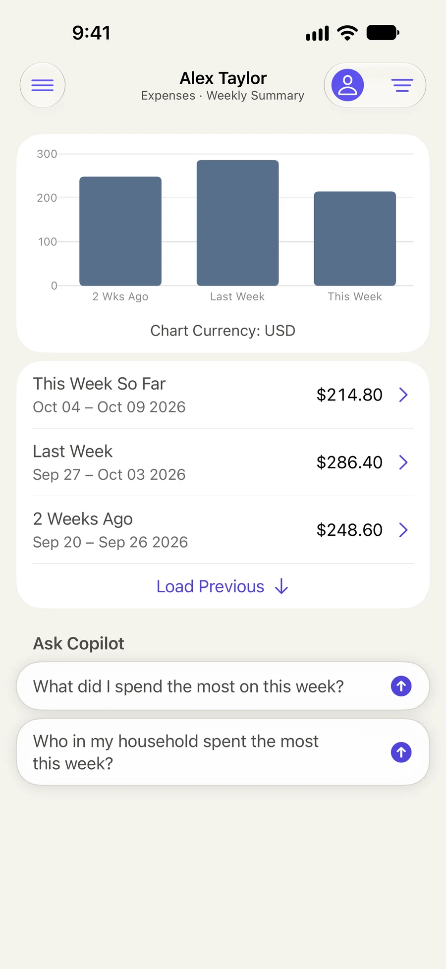 Weekly expense summaries compare three weeks and offer personal and household questions